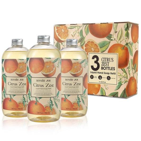 ROMIIE ZOI Liquid Hand Soap Refill Gift Set – 3 Pack (26 Fl Oz Each), Citrus Zest Scent – Moisturizing, & Cruelty-Free Formula with Essential Oils for Sensitive Skin