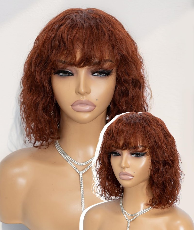 Queen Virgin Remy Short Curly Wig - Human Hair Bob with Bangs for Black Women | Ginger Orange