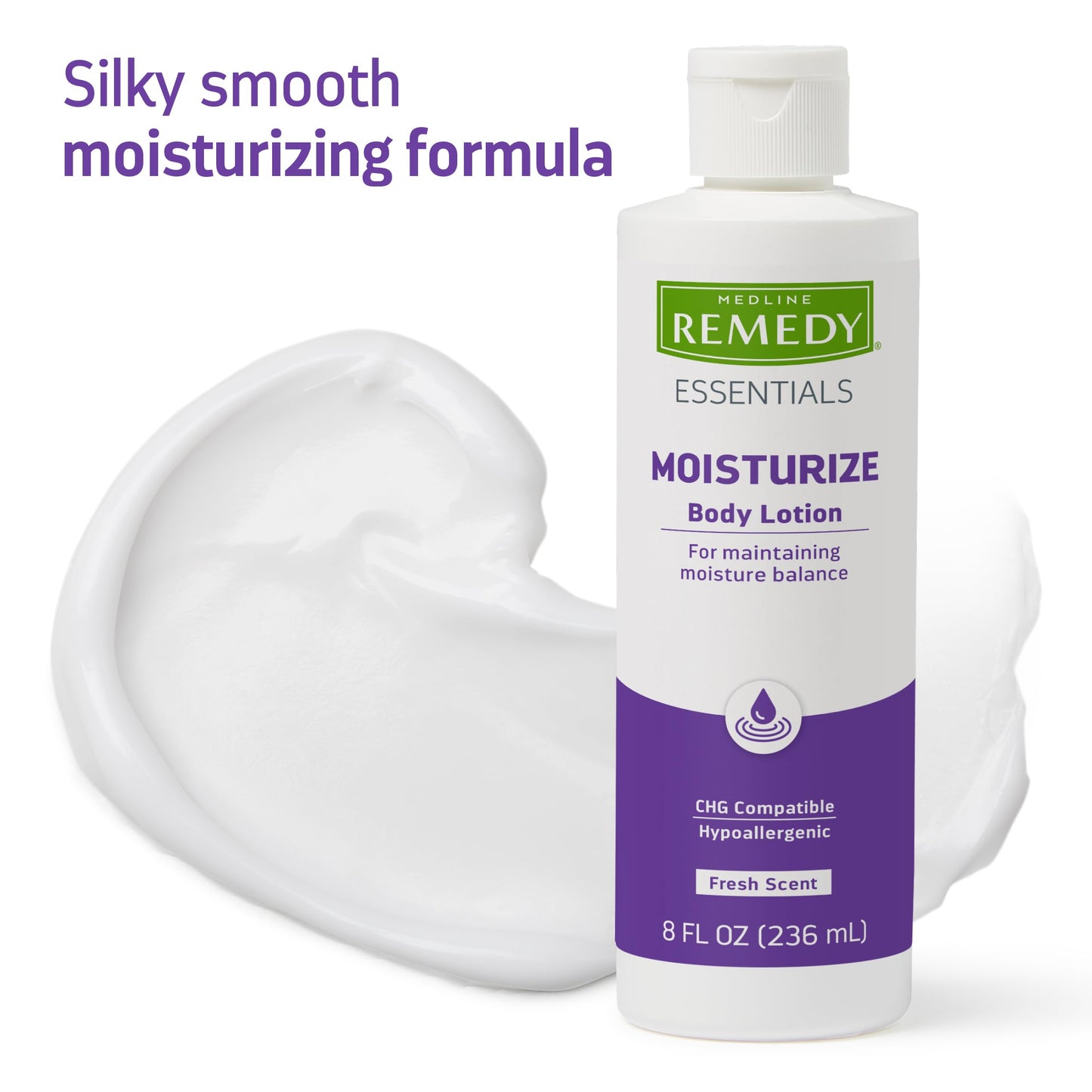 Medline Remedy Essentials Moisturizing Body Lotion (8 oz Bottle), 12 Count, Fresh Scent, Hydrating, Non-Greasy, For Dry Skin, Hypoallergenic, Men, Women, Elderly