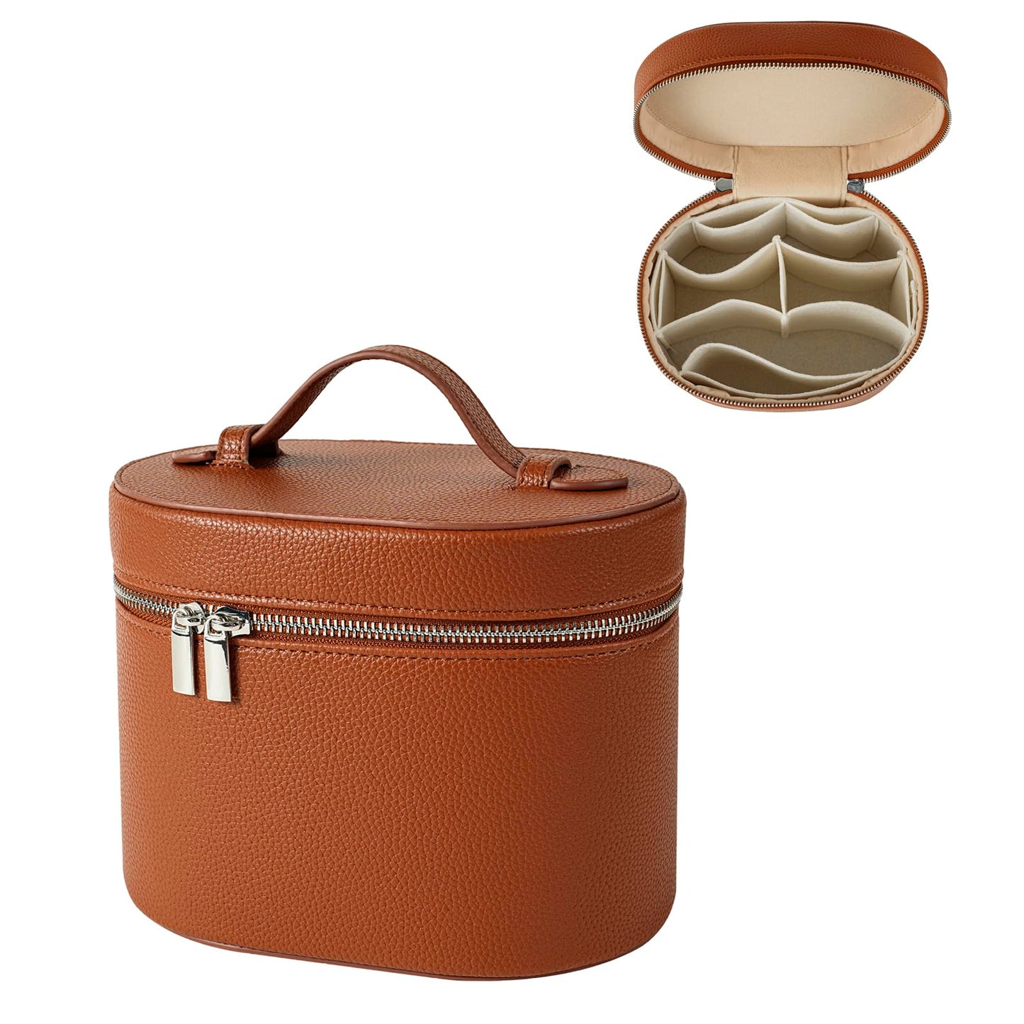 RSRSLEII Aesthetic Makeup Bag, Travel Makeup Vanity Case with Divider and Handle, Waterproof PU Leather Cosmetic Organizer Bag, Portable Toiletry Bag for Women(01Brown)