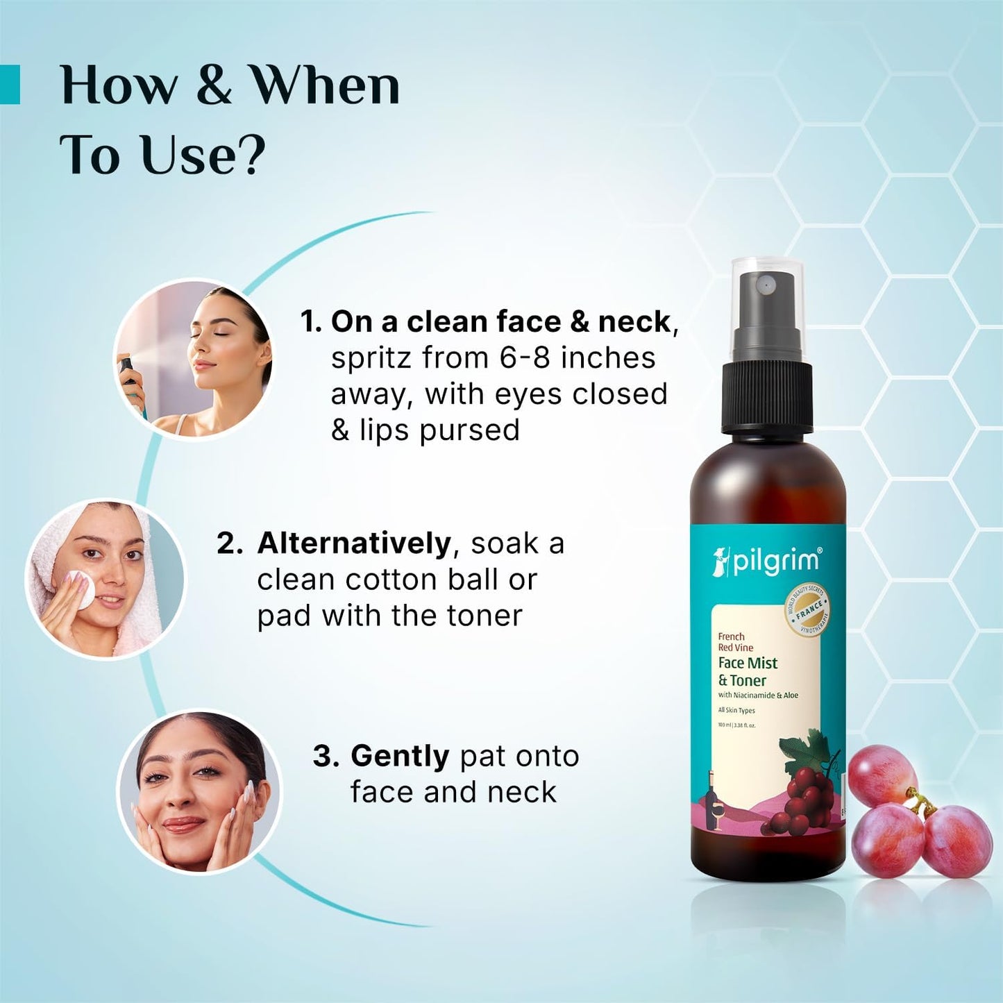 Pilgrim French Red Vine Face Mist - Niacinamide & Aloe Hydrating Toner | Oil Balance & Pore Care | 3.38 Fl Oz (100ml)