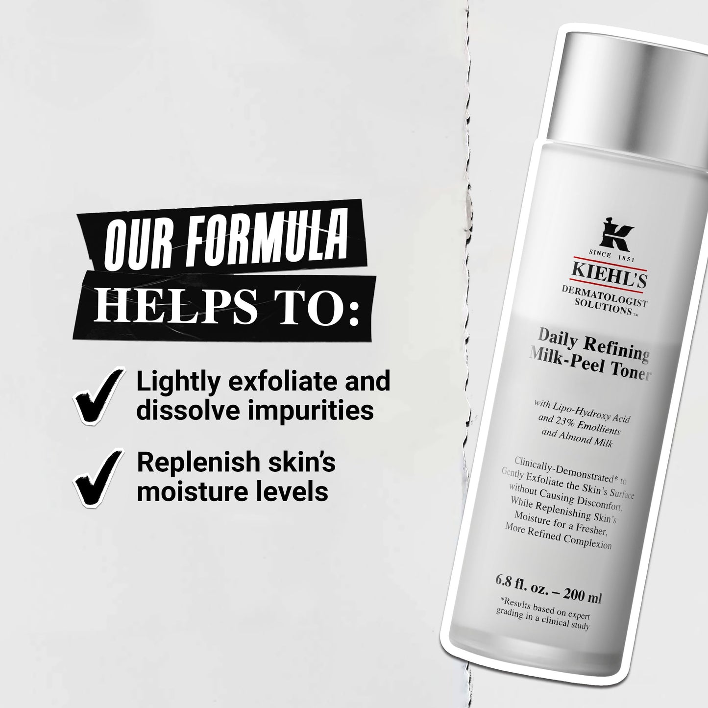 Kiehl's Daily Refining Milk-Peel Toner, Gentle Exfoliating Facial Toner, Refines Skin Texture, Brightens & Softens Skin, Restores Moisture, with Lipo-Hydroxy Acid & Almond Milk - 6.8 fl oz