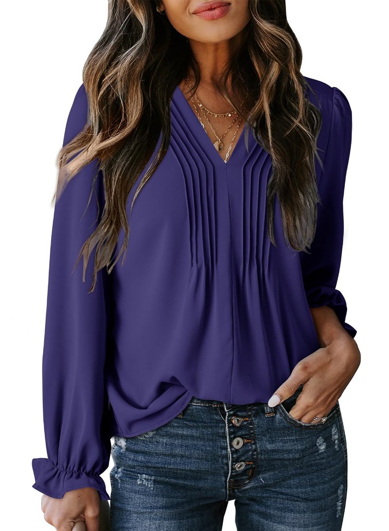 Dokotoo Womens Tops Casual Pleated V Neck Puff Long Sleeve T Shirts Loose Tunic Business Blouse