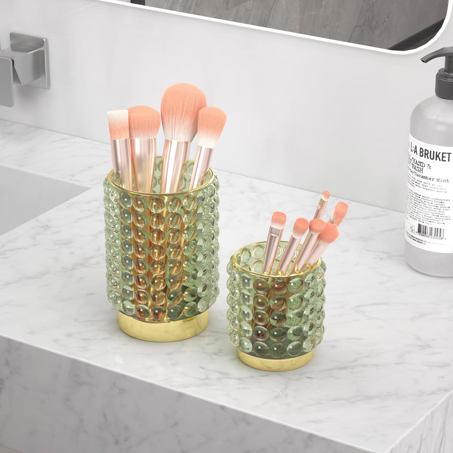 AZeeKMon Makeup Brush Holder Organizer, Clear Green Cosmetic Glass Storage Holder, Vintage Crystal Bubble Gold Make Up Brush Cup Pen Pencil Holder