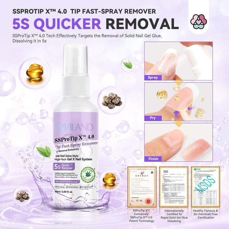 SAVILAND Nail Glue Remover Spray: 60ml Quick Removal for Solid Nail Glues Gel | Gel Nail Glue Removal | Odorless No Acetone Castor Oil VE 5s Fast Remover Easy Home Use