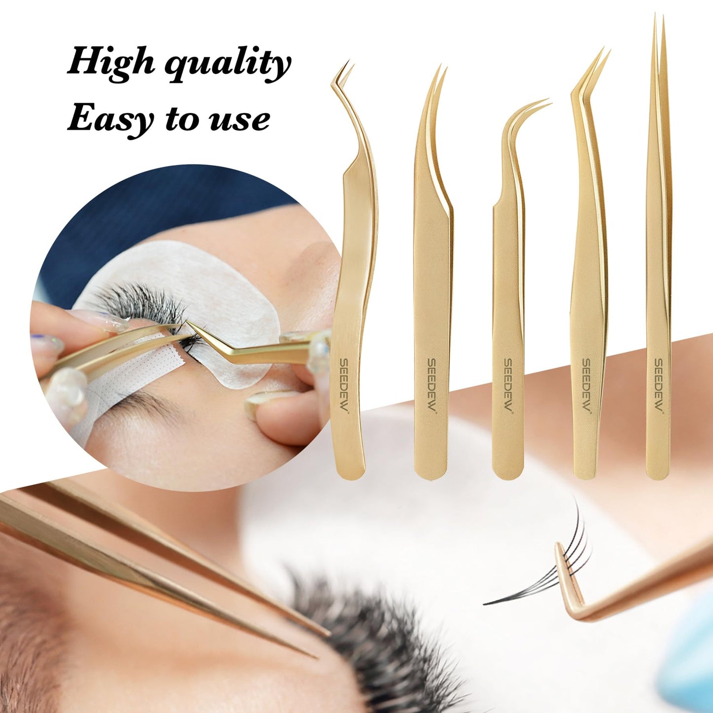 SEEDEW Tweezers Box Set, 5 PCS Isolation Pointy Precision Professional Stainless Tweezers with a PU Storage Case, Organizer Kit for Eyelash Extension, Beginner Lash Tech, Crafts Repair(White, Golden)