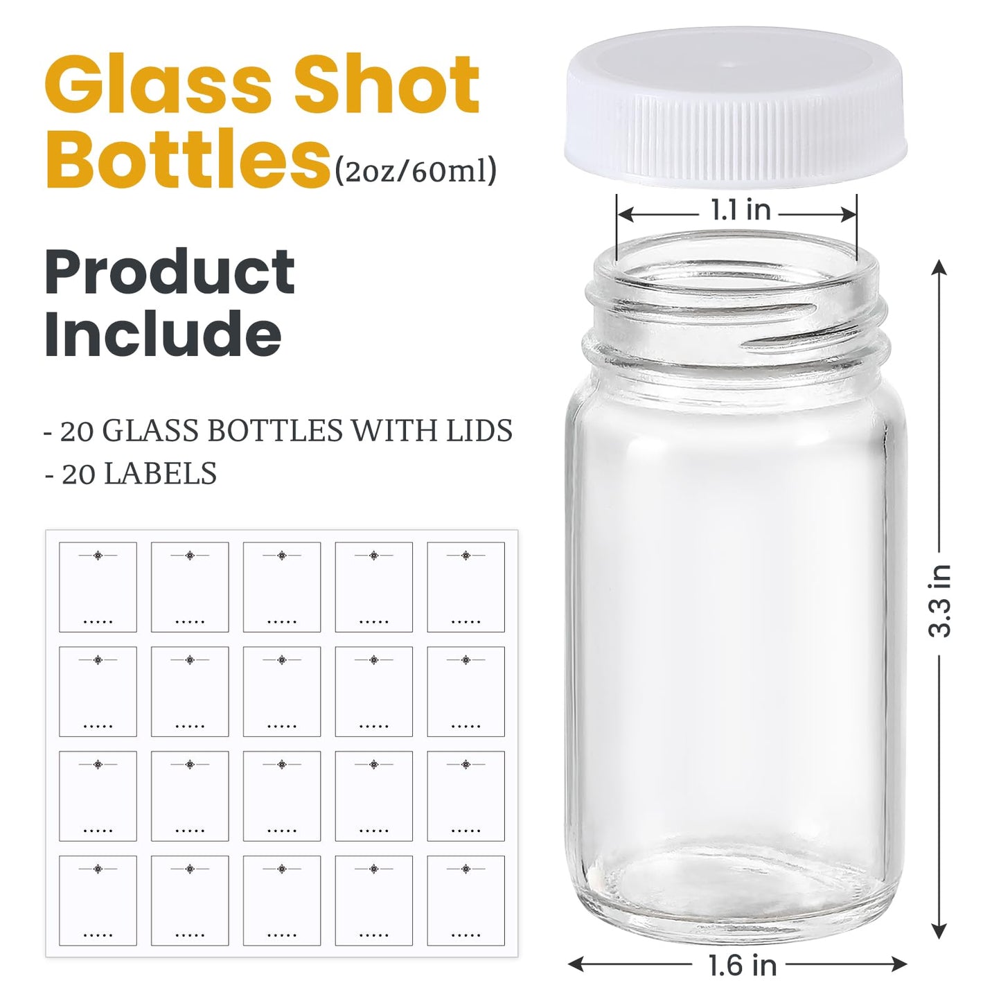 20 Pack 2 oz Glass Shot Bottles w/ White Lids & 20 Labels - Small Clear Jar for Ginger, Wellness Shot, Juice, Sample, Whiskey - Travel Essentials Mini Bottles - Wide Mouth, Leakproof, Dishwasher Safe
