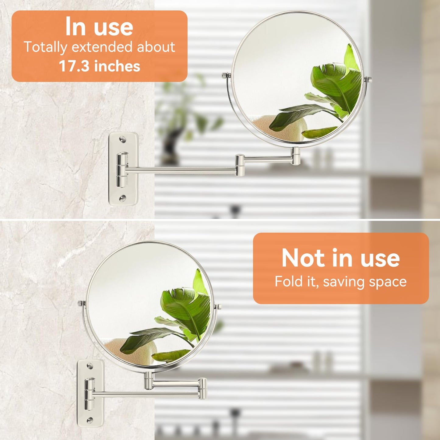 AumVum 8" Extendable Bathroom Mirror Wall Mount with 1X/10X Magnification, 360° Swivel Double Sided Vanity & Shaving Mirror, Nickel Finish (No Light)