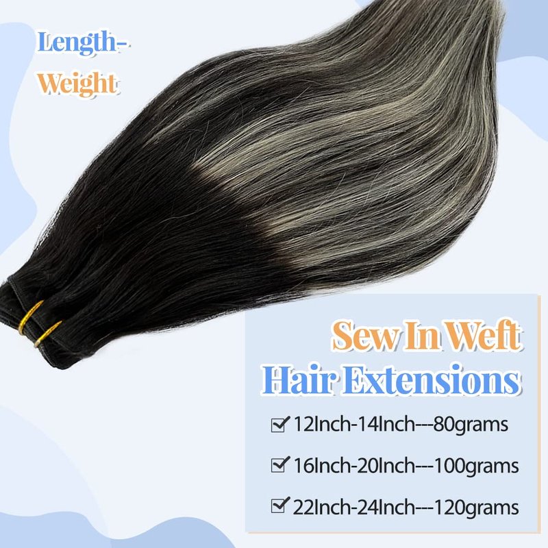 Silver Sew in Hair Extensions 14 Inch 80Gram Weft Hair Extensions Balayage Human Hair Extensions Hair Wefts Color #1B/Silver/1B Off Black Mixed with Silver Remy Straight Hair Weave Bundles Real Hair