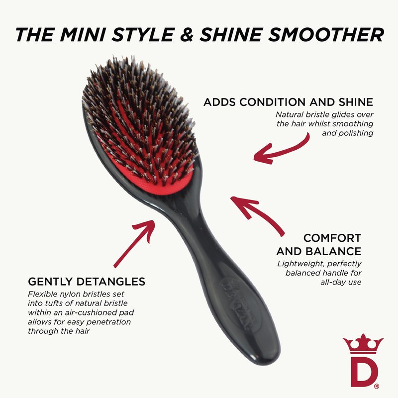 Denman Cushion Hair Brush (Small) with Soft Nylon Quill Boar Bristles - Porcupine Style for Grooming, Detangling, Straightening, Blowdrying and Refreshing Hair – Black, D81S
