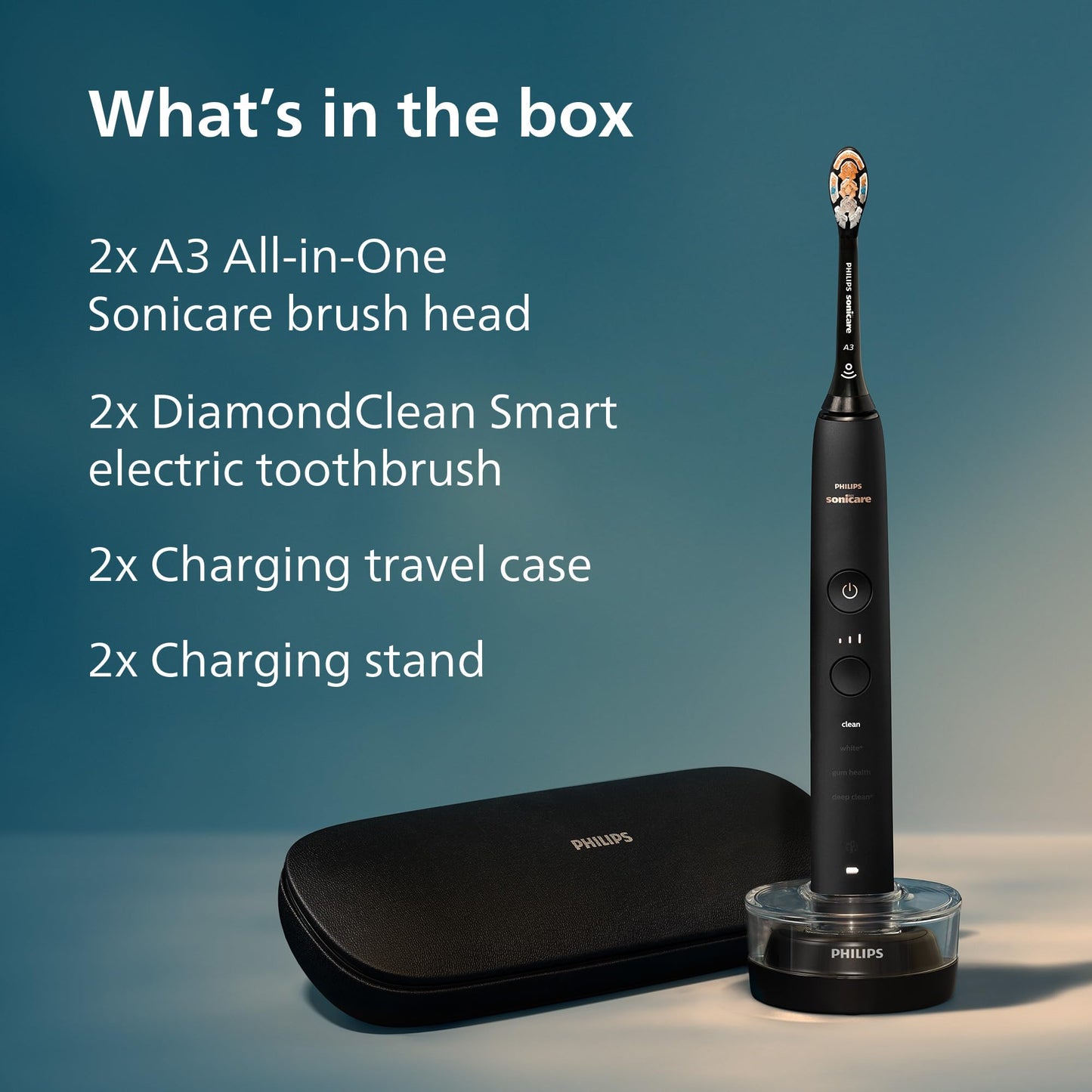 Philips Sonicare DiamondClean Connected Electric Toothbrush 2 Pack, x2 Sonic Toothbrushes, x2 Charging Travel Cases, x2 A3 Brush Heads, 12 Brushing Settings