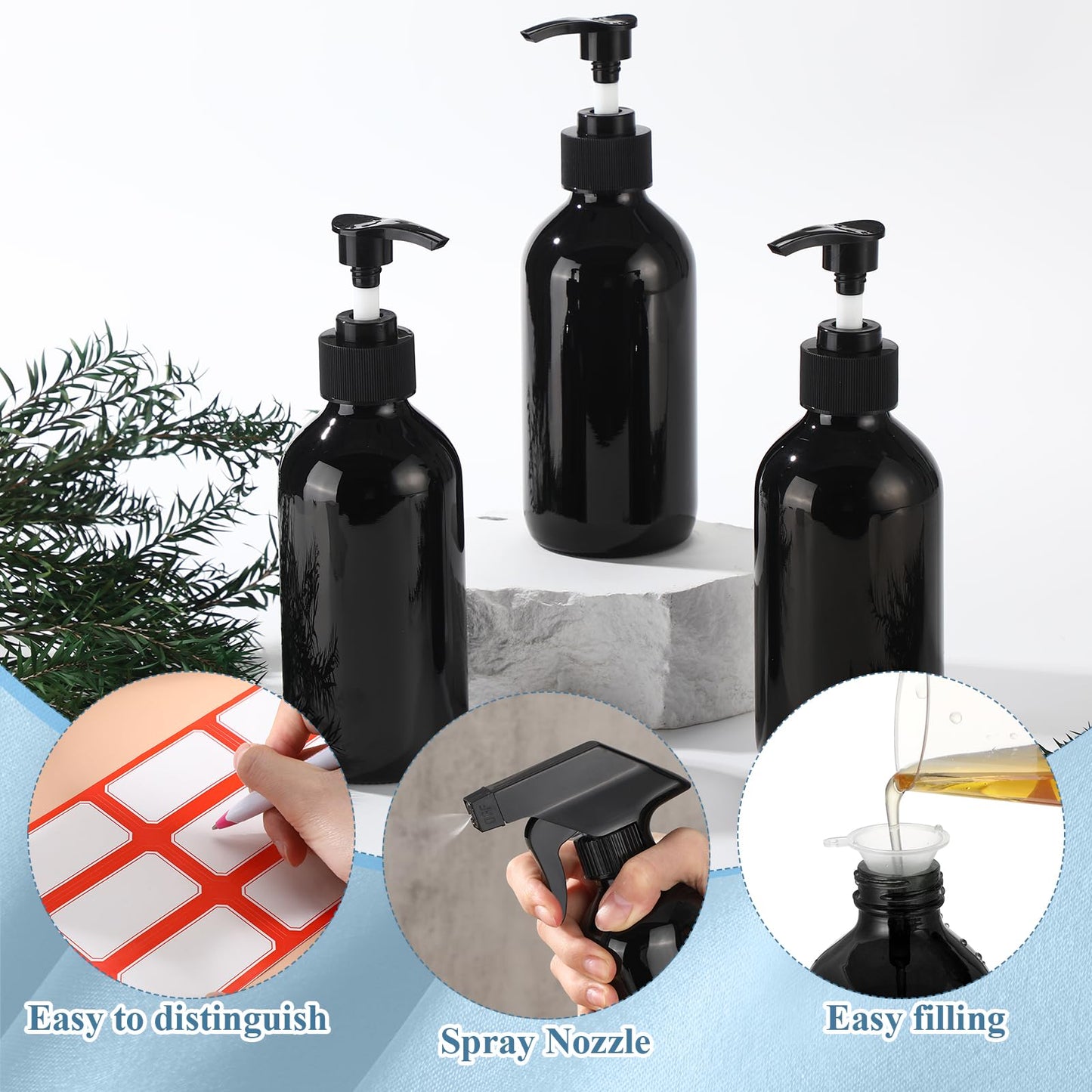 Norme 12 Pcs 8 oz Glass Spray Bottles with Funnels and Labels Refillable Cosmetic Empty Spray Bottles with Sprayer Containers for Essential Oil Cleaning Solutions(Black,Classic)