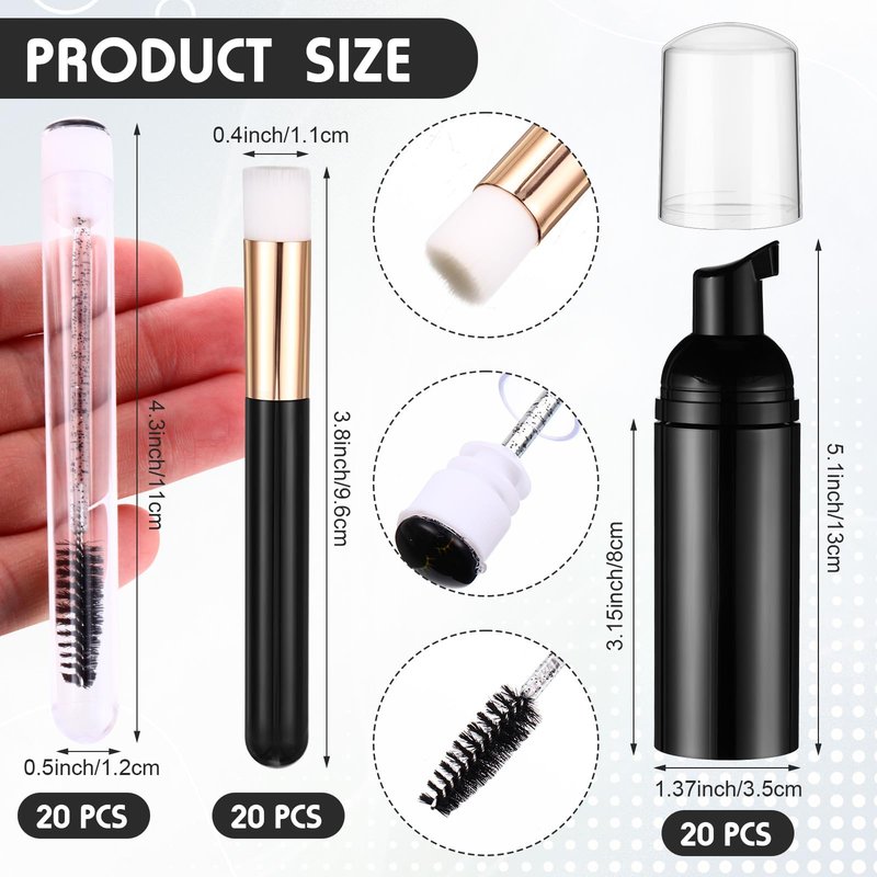 Yaomiao 130 Pcs Lash Shampoo Bottle Brushes Set 20 Foam Pump Dispenser 20 Cleaning Brush 20 Eyelash Extension Spoolies Tube 20 Instructions Cards 20 Aftercare Bags 20 Facial Sponge(Black)