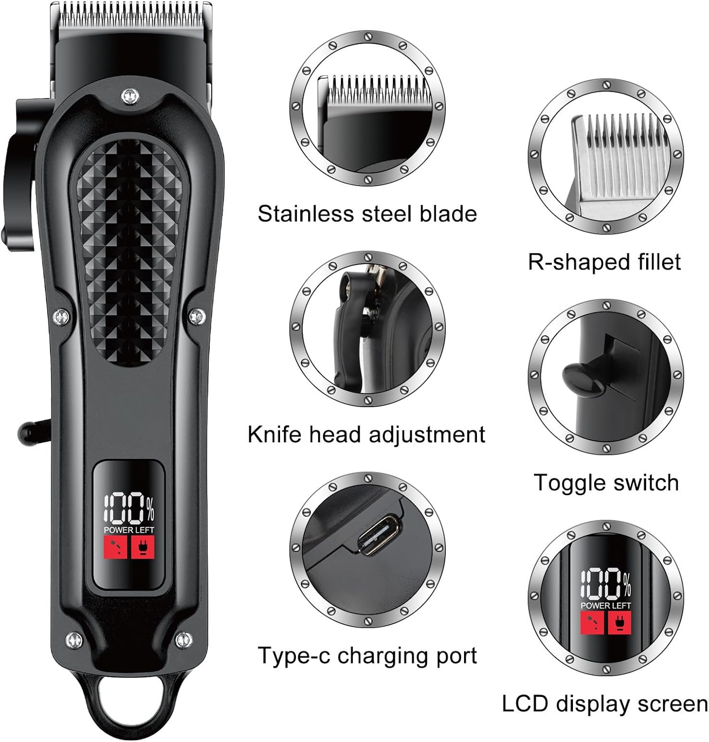 Professional Hair Clipper - LCD Display, 5W Motor, Type-C Charging | Low Noise, Stainless Steel Blade