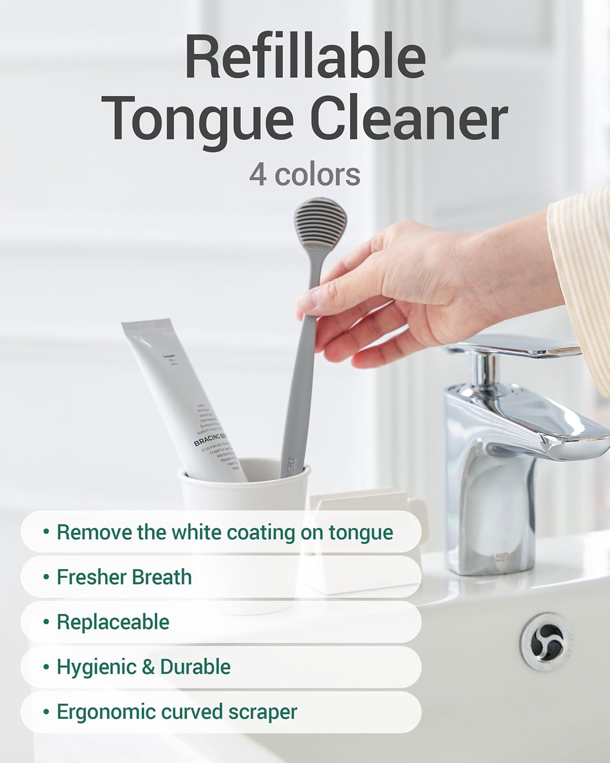 Tongue Scraper - 3 Replaceable Heads for 9 Months | Soft BPA-Free TPE Cleaner, Reduces Gag Reflex & Freshens Breath