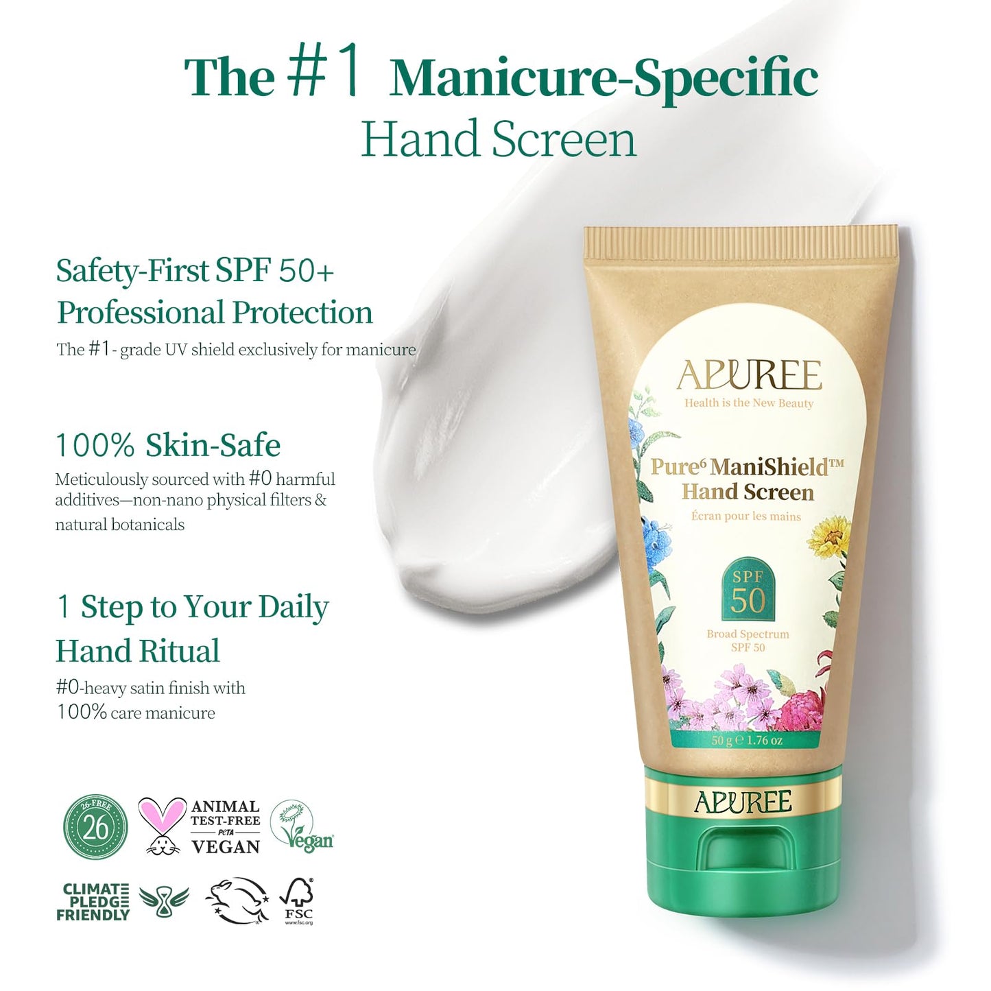 APUREE U V Nail Lamp Hand Screen: Hand Sunscreen SPF 50+/PA++++| UV Lights Protection Cream| Fragrance-Free & Hypoallergic Formula|Nail Salon Home Use| FSA| Vegan & Cruelty Free| Deep Hydrate Moisture