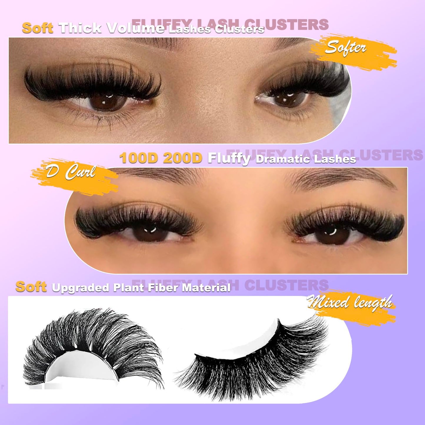 TIKILEY Fluffy Lash Clusters Cat Eye Faux Mink Eyelash Clusters with Bottom Lash Clusters 100D 200D Individual Lashes D Curl Mega Volume Eyelash Extension Clusters 10-22mm