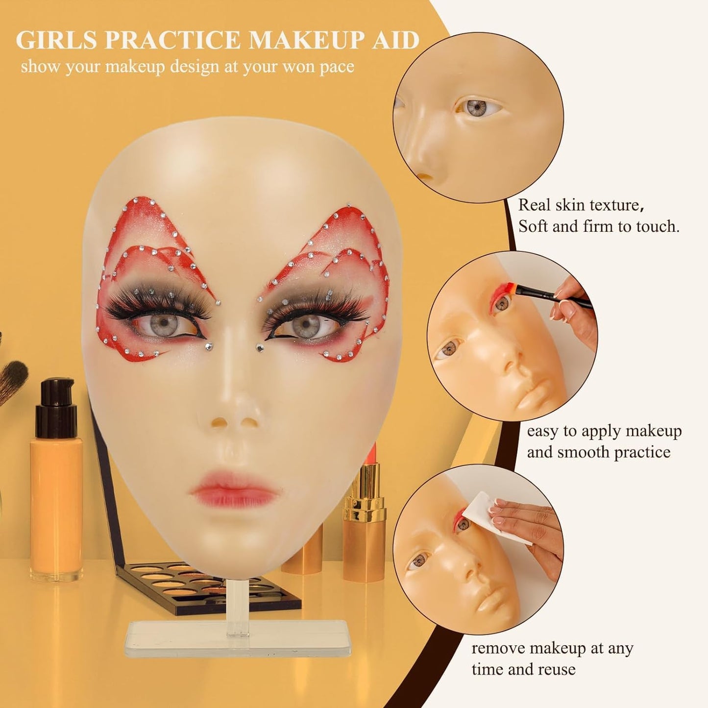 Silicone Makeup Practice Head, Set with Face Painting Mannequin, Brushes and Eyebrow Pen, Ideal Gift for Beginners & Enthusiasts to Improve Makeup Skills, Yellow