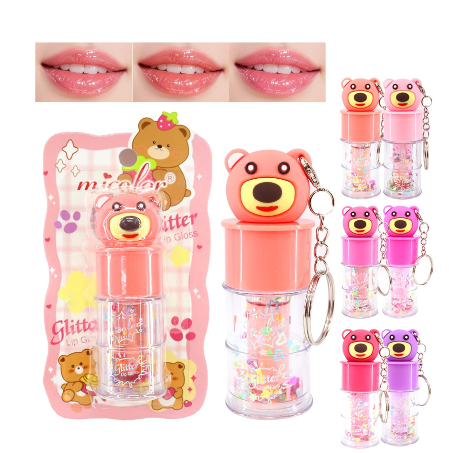 DENESTUP 6 Pcs Hydrating Lip Gloss Set, Shimmer Glossy Moisturizing Lip Jelly Sequins and Sparkles Lip Make-Up for Women Party Gift Cute Bear Keychain Design