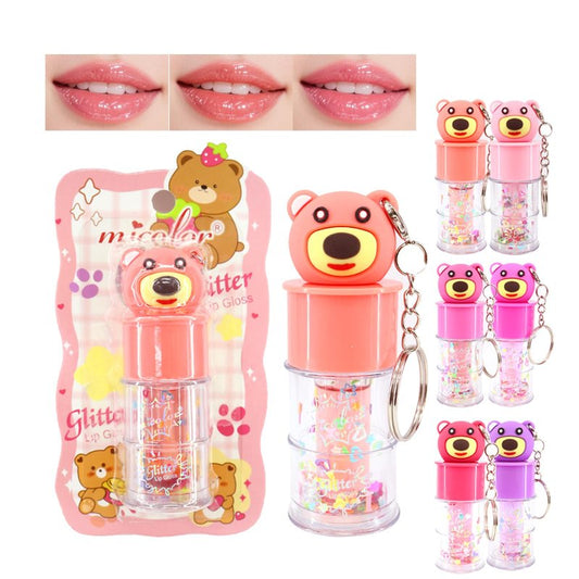 DENESTUP 6 Pcs Hydrating Lip Gloss Set, Shimmer Glossy Moisturizing Lip Jelly Sequins and Sparkles Lip Make-Up for Women Party Gift Cute Bear Keychain Design