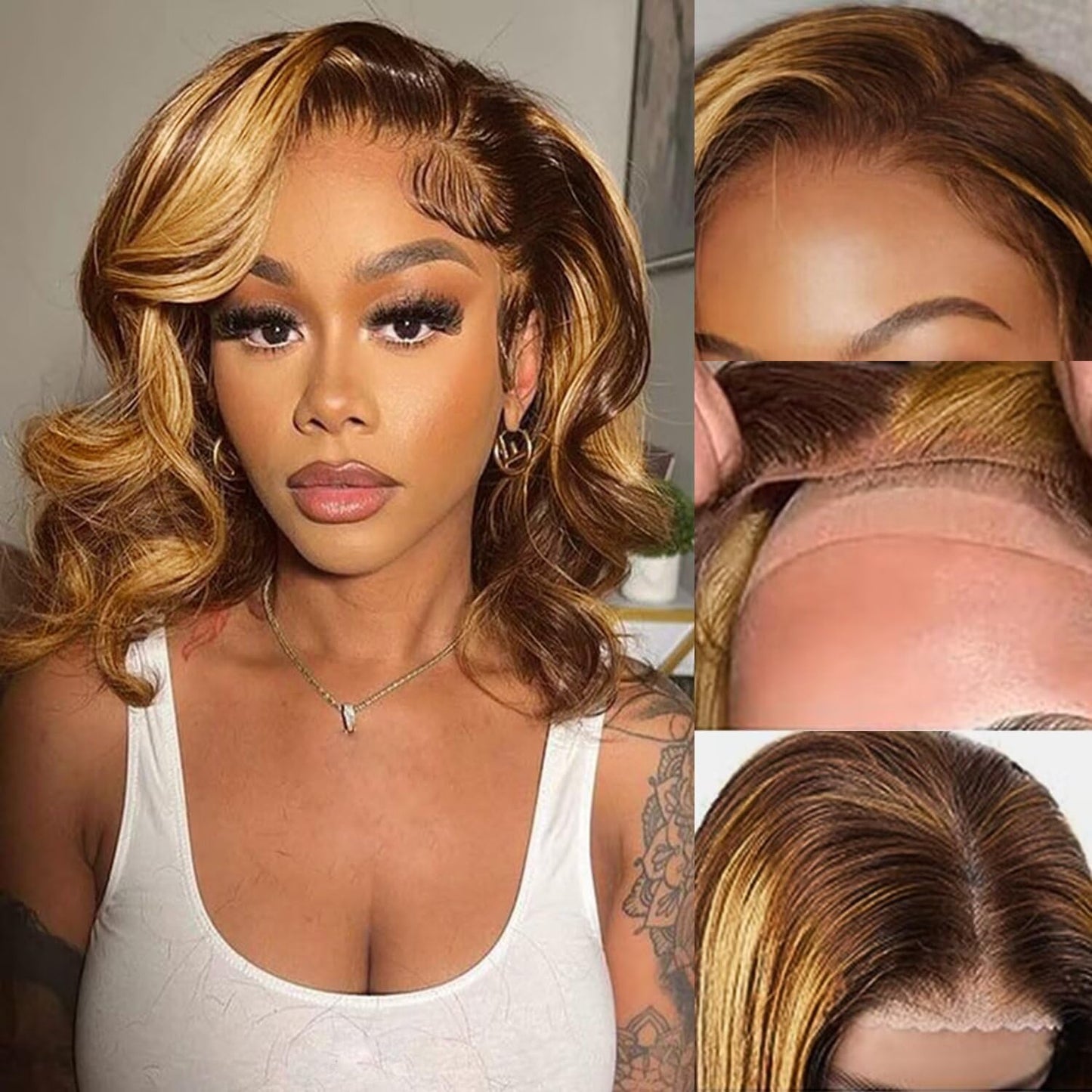FUTGK 10inch Ombre Bob Wig Human Hair Glueless Body Wave Bob Wig Pre Cut 7x5 HD Lace Frontal Bob Wig Human Hair Pre Plucked 4/27 Ombre Honey Blonde Glueless Wig Pre Plucked Short Bob Wig for Wome