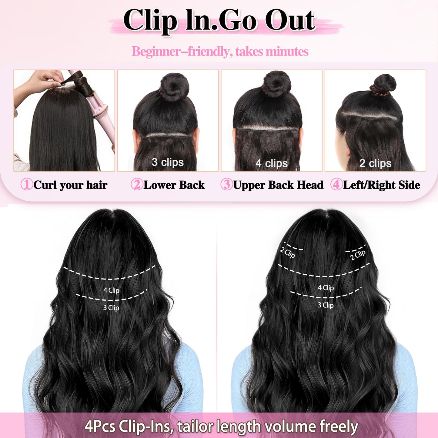 ALXNAN Clip in Long Wavy Synthetic Hair Extension 24 Inch Black 4PCS Thick Hairpieces Fiber Double Weft Hair for Women