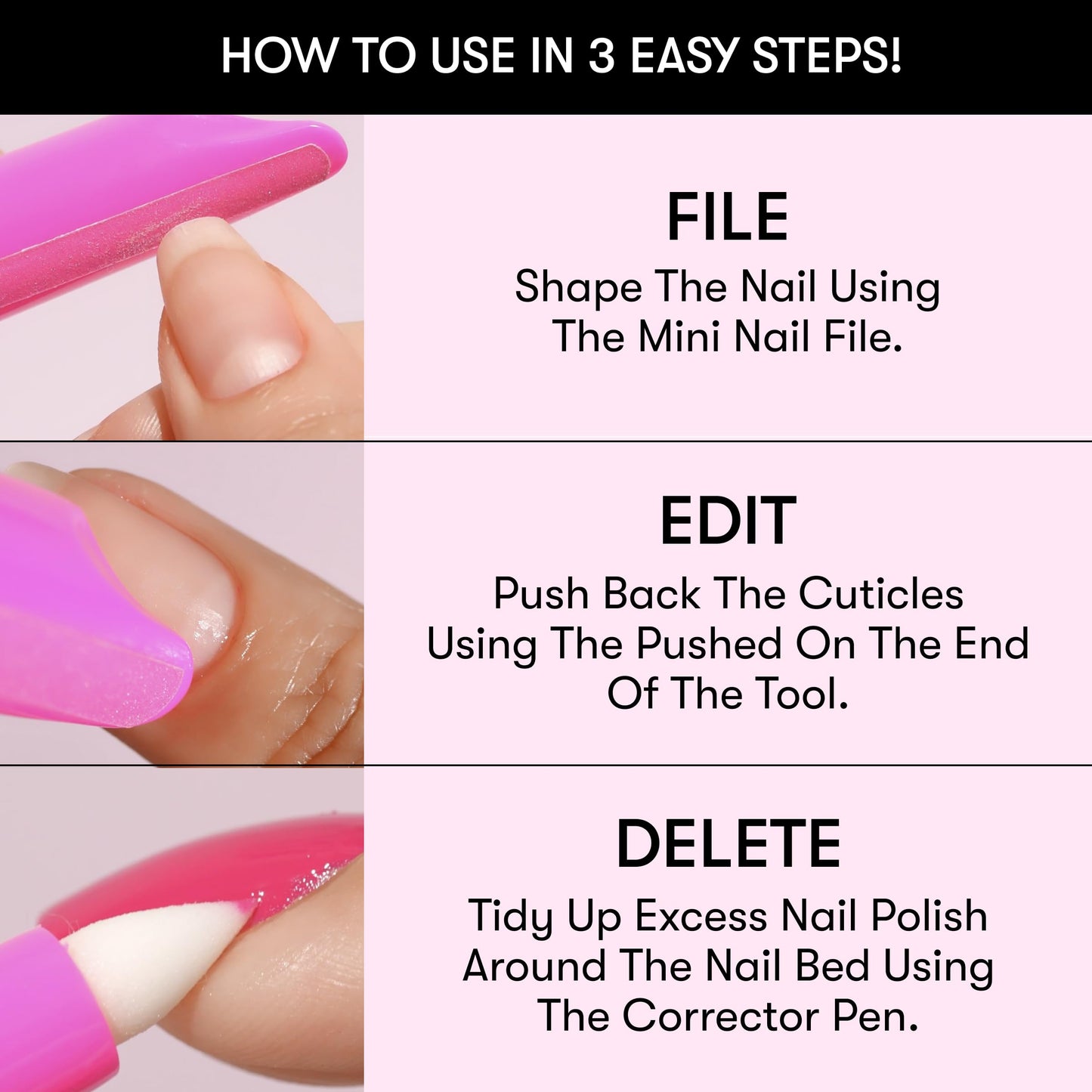 Nails Inc File, Edit, Delete 3-in-1 Corrector Pen, Cuticle Pusher, Nail Shaper, Nail Polish Remover, Precision Pointed Tip, Easy Clean Up, Replaceable Fine Pen Tips, Clean Gentle Formula, 0.13 FL