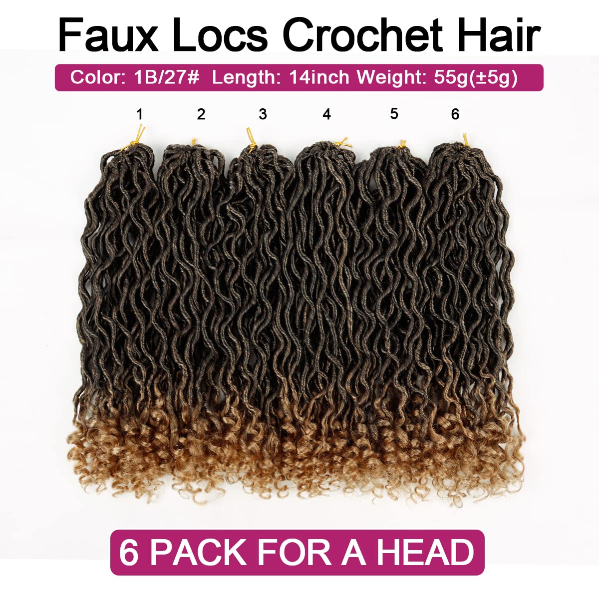 Goddess Locs Crochet Hair - 6 Packs 14 Inch Curly Faux Locs Crochet Hair For Black Women, Pre Looped Crochet Hair Wavy Faux Locs Synthetic Braids Hair Extensions(14Inch, T1B-27#)