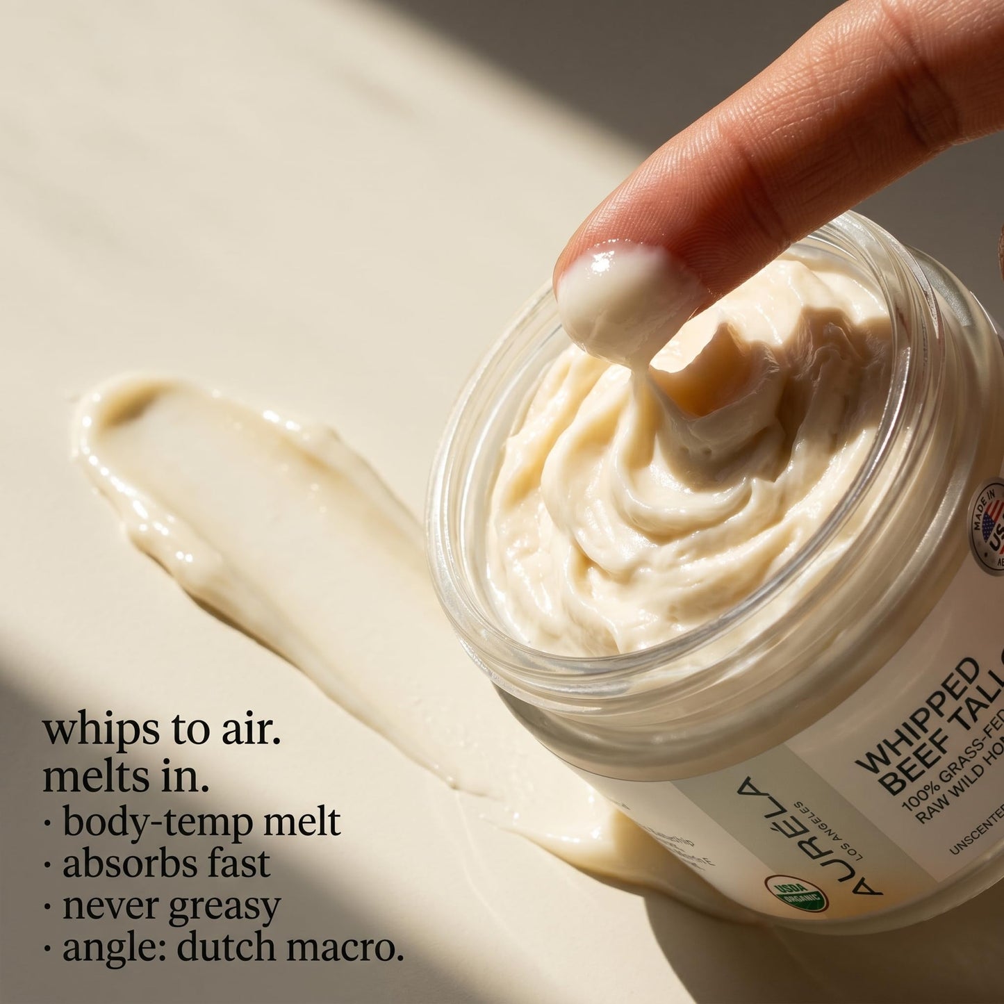 Auréla Organic Beef Tallow With Honey & Jojoba Oil - 100% Grass-Fed Whipped Beef Tallow For Face & Body - Natural & Deeply Nourishing Formula | For Dry & Sensitive Skin - Unscented | 2oz