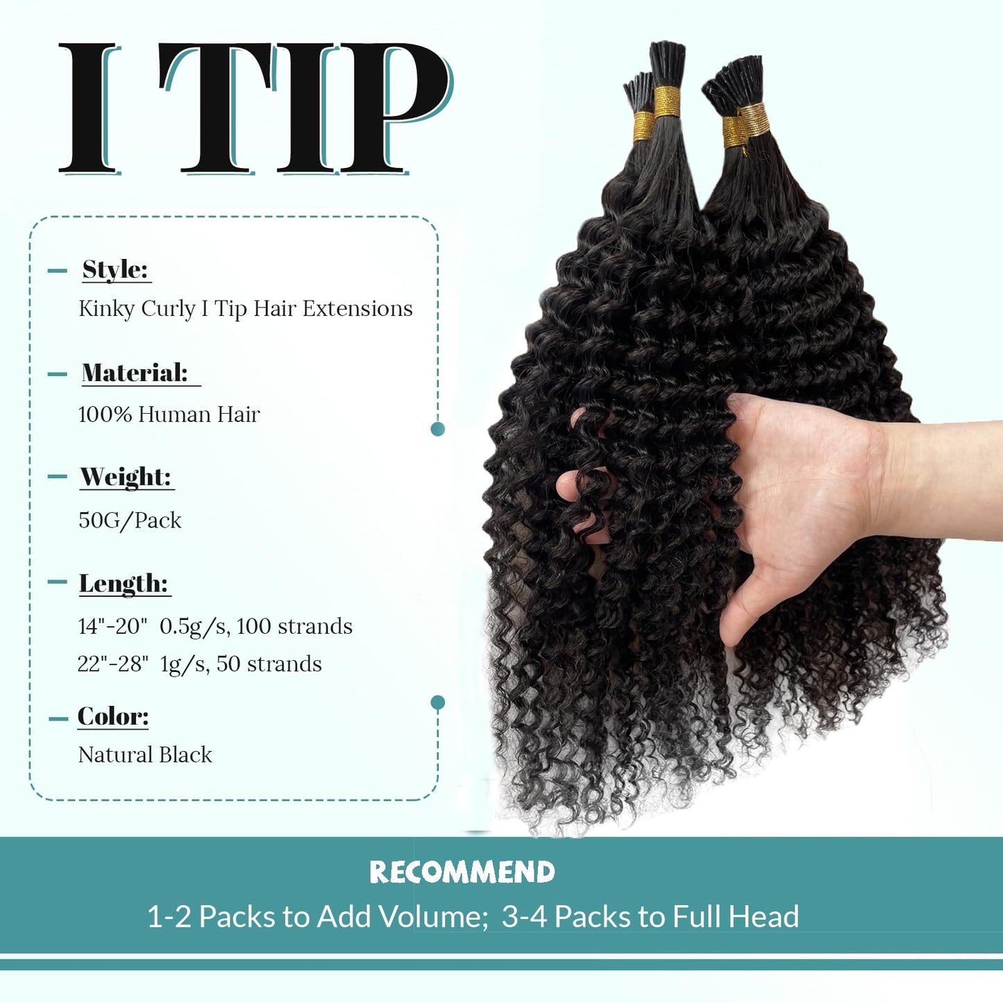 Kinky Curly I Tip Human Hair Extensions 0.5g/s 100 Strands 50g/pack Keratin Cold Fusion I Tip Hair Extensions Hair Piece #1B Natural Black Pre Bonded Itips Hair, 2-3 Packs for Full Head 18in
