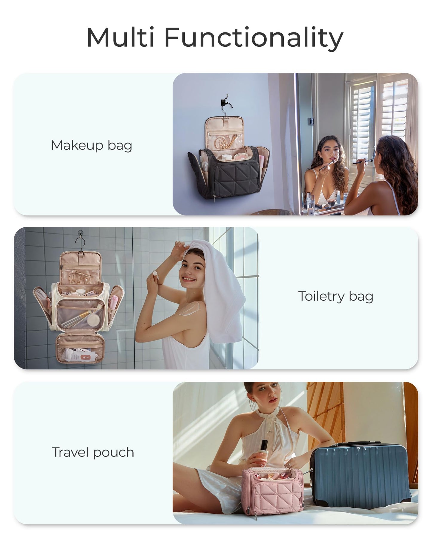 BAGSMART Toiletry Bag Travel Bag with Hanging Hook, Water-resistant Lightweight Puffy Makeup Bag Large Wide-open Travel Bag for Women Travel Organizer for Accessories, Cosmetics, Toiletries, Nude Pink