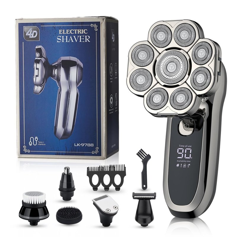 9 Floating Heads Detachable Head Shavers,6 in 1 Electric Razor IPX6 Waterproof for Bald Men, Wet Dry Mens Grooming Kit,LED Display Rechargeable 9D Rotary Shaver Grooming Kit with Type-C Charge