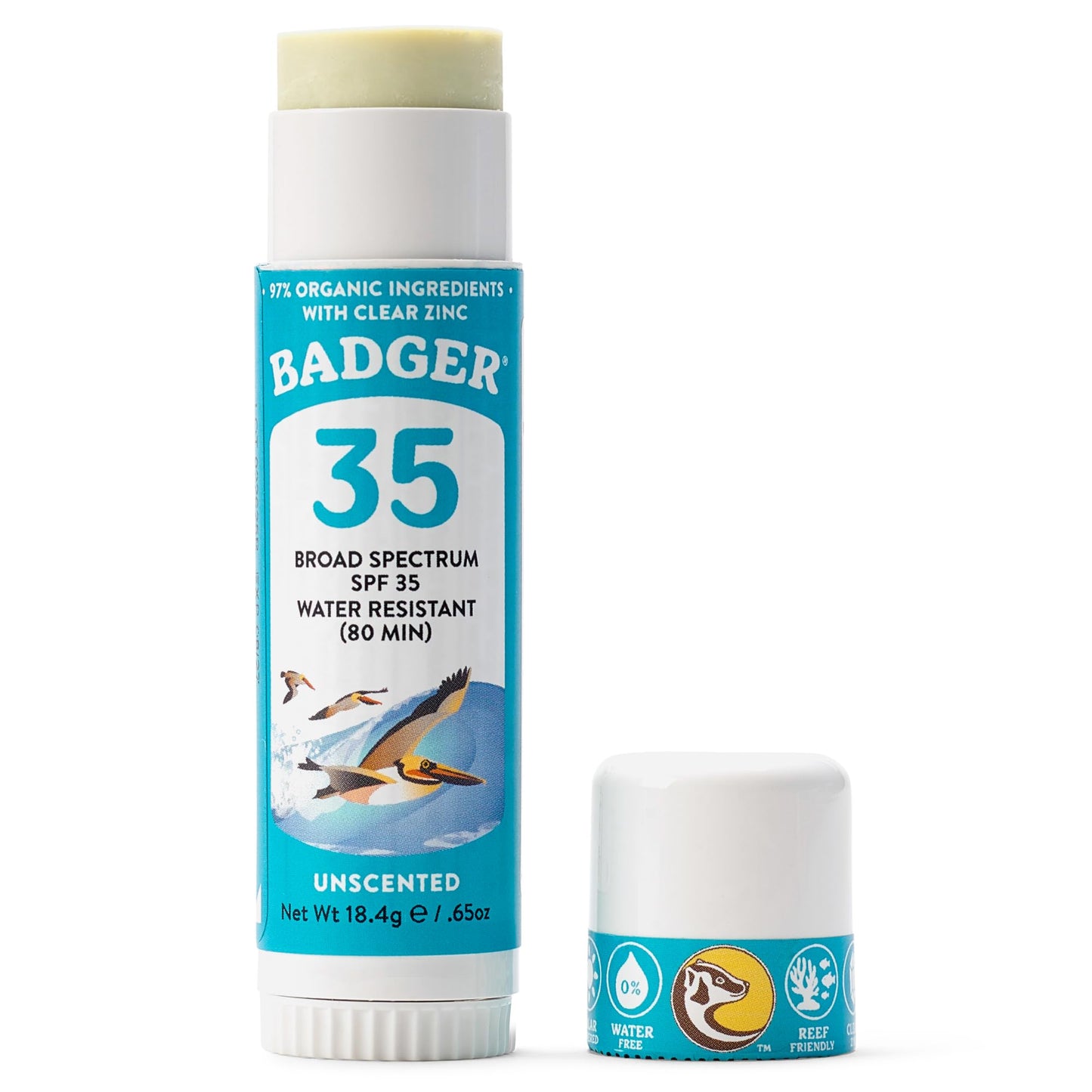Badger Mineral Sunscreen Face Stick SPF 35, 97% Organic Unscented Zinc Oxide Travel Sunscreen, Coral Reef Safe Travel Size Stick, .65 oz
