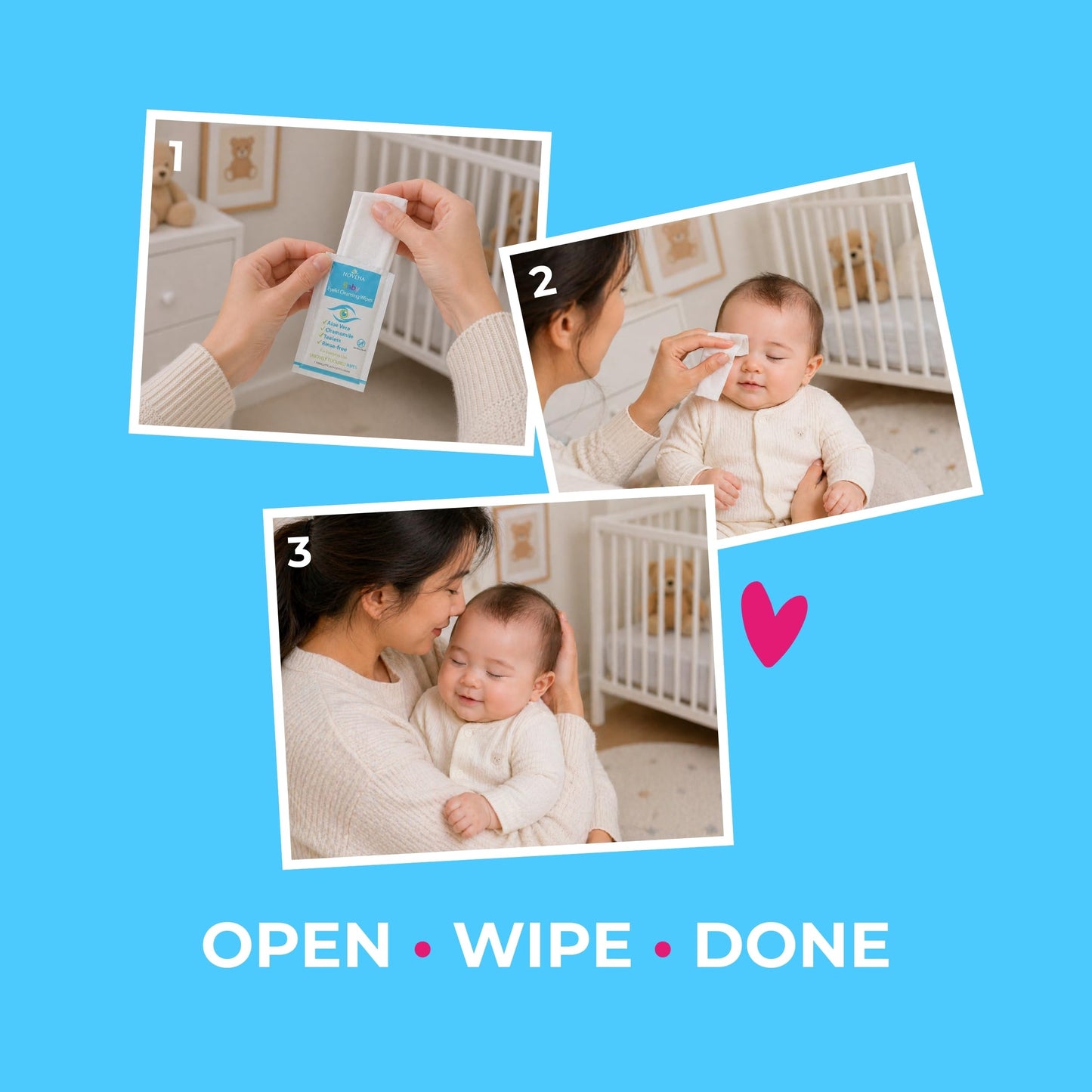 NOVEHA 180Pcs Baby Eyelid & Lash Wipes | Safe & Natural Pack of 60 Pre-moistened Wipes (3 Pack)