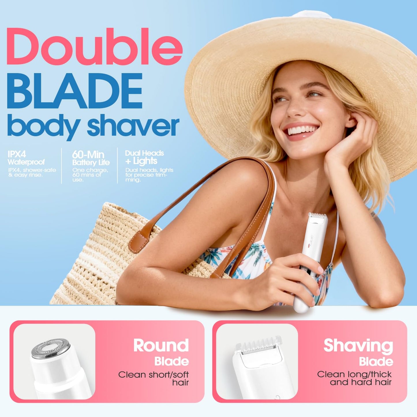DSP Bikini Trimmer for Women, 2-in-1 Dual Head Electric Shaver for Pubic Hair & Body, Waterproof Painless Ladies Razor with Light, Underarm Leg Arm Face Trimmer