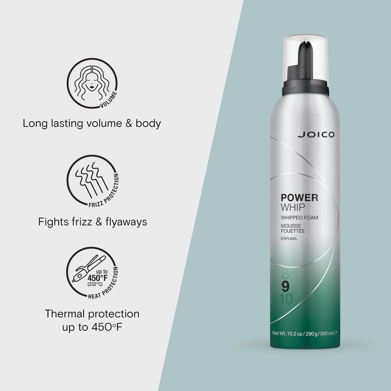 Joico Power Whip Whipped Foam | For Most Hair Types | Add Volume & Body | Thermal Heat, Humidity, & Pollution Protection | Boost Shine | Control Frizz & Flyaways | Silicone & Paraben Free | 10.2 Fl Oz