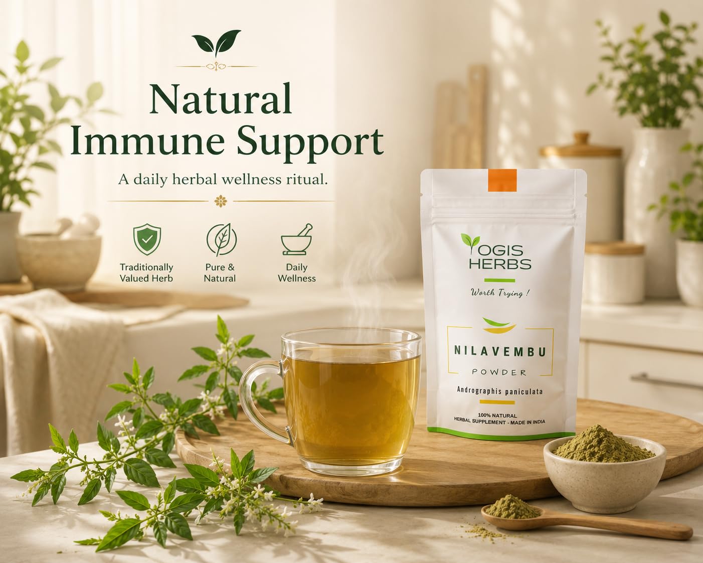 YOGIS HERBS Nilavembu Powder — Andrographis paniculata/Kalmegh/King of Bitters — Traditional Tamil Siddha Herb for Daily Wellness, Seasonal Comfort & Immune-Supporting Routines — Single-Ingredient