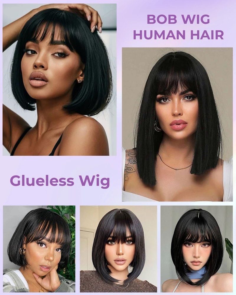 Bob Wig Human Hair with Bangs Glueless 2×1 Lace Closure 100% Human Hair Wigs with Bangs Short Bob Wig Human Hair Straight Wigs for Black Women Closure 180% Density Beginner Friendly（12Inch,Black）