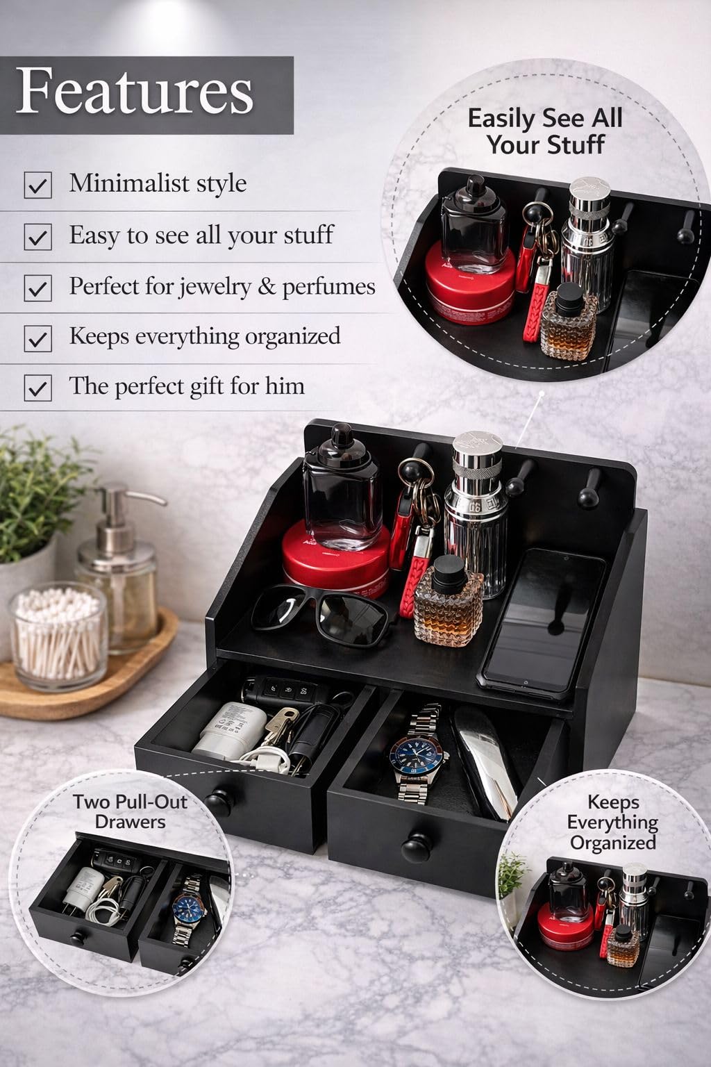 NOBLEHAUS Mens Organizer,Cologne Organizer for Men with Drawer,Perfume Organizer,Cologne Stand,Perfume Stand,Bathroom Countertop Storage,Shelf for Dresser,Mens Bedroom Gift