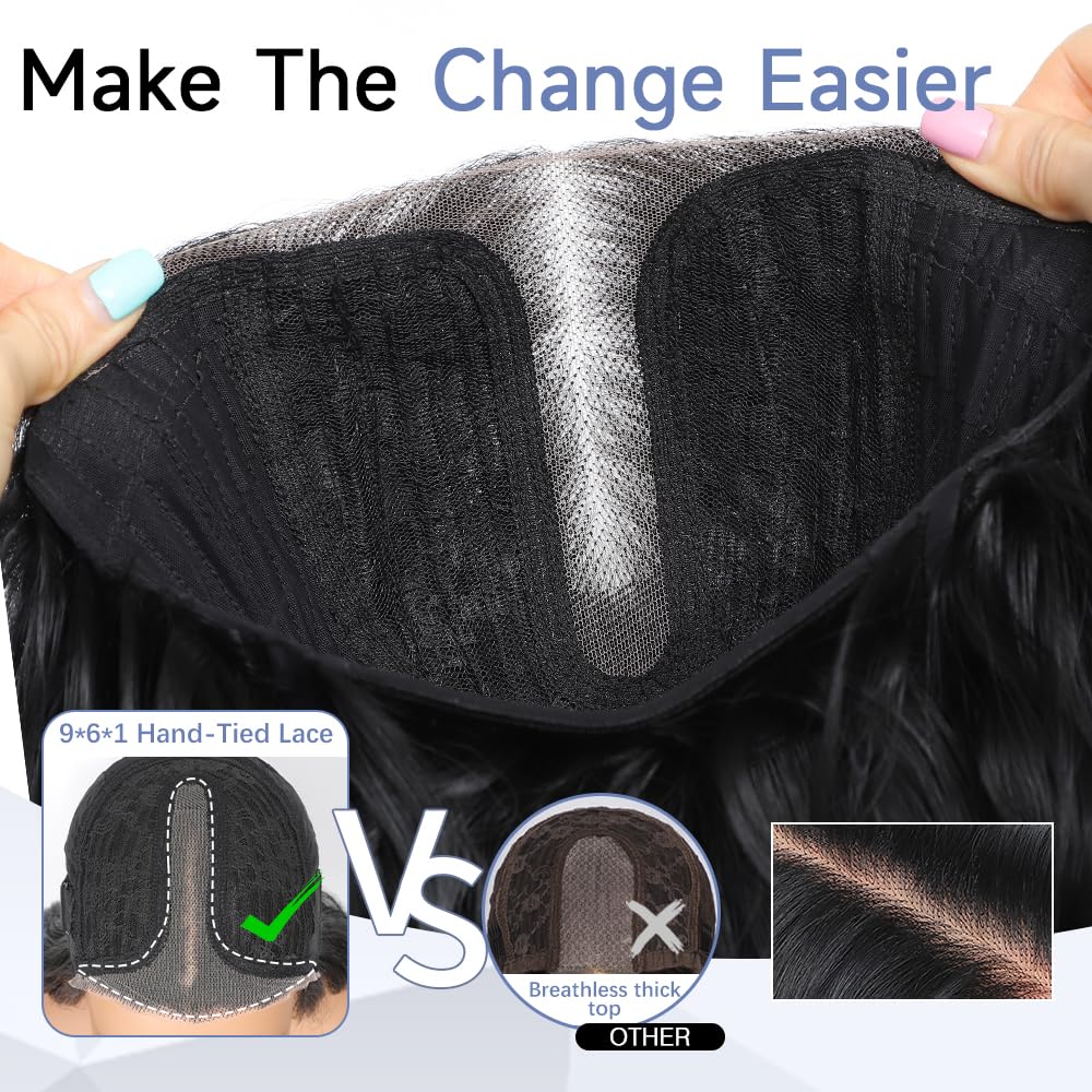 Ubeleco Black Wigs for Women Long Wavy Middle Part Lace Hair Hairline Replacement Wigs 26 Inch Synthetic Hair Heat Resistant Wig for Daily Party