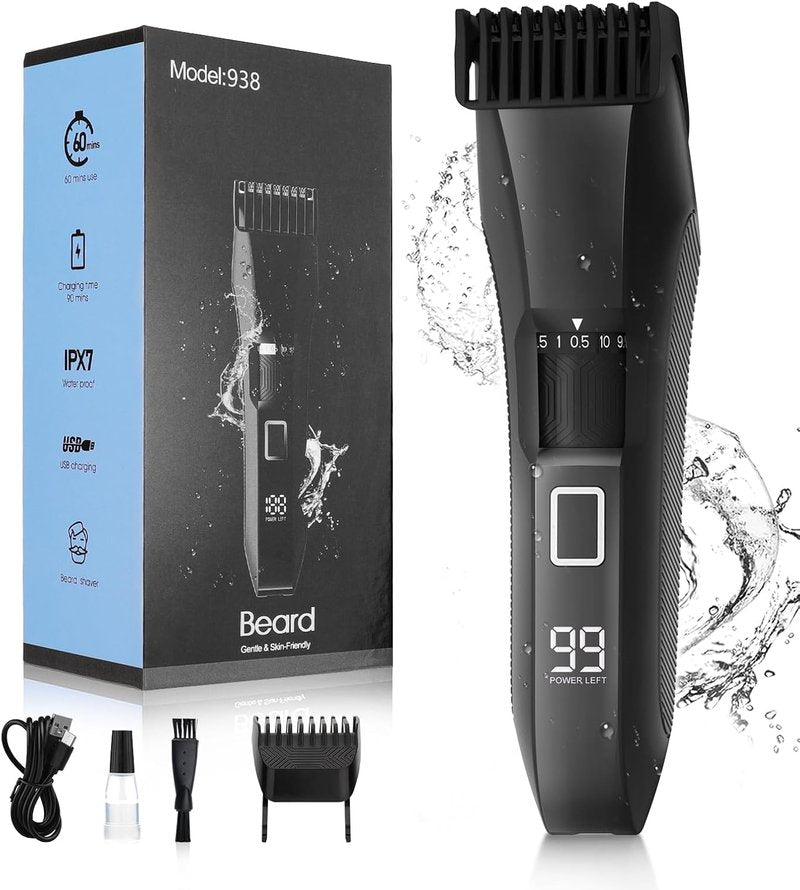 Beard Trimmer for Men - Cordless Waterproof Clippers with Adjustable Length & Stainless Steel T-Blade | LED Display & 2 Guide Combs