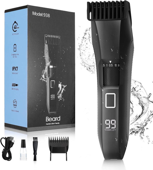 Beard Trimmer for Men - Cordless Waterproof Clippers with Adjustable Length & Stainless Steel T-Blade | LED Display & 2 Guide Combs