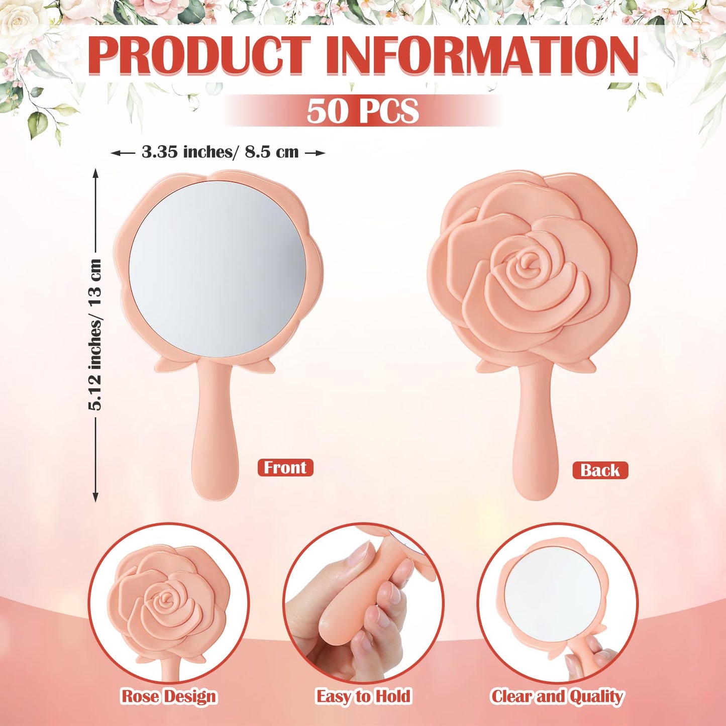 Wenqik 50 Sets Bridal Shower Favors Rose Compact Mirrors Bulk Wedding Favors for Guests Rose Compact Handheld Mirrors with Thank You Cards and Organza Bags Wedding Party Guests Souvenir Gifts (Pink)