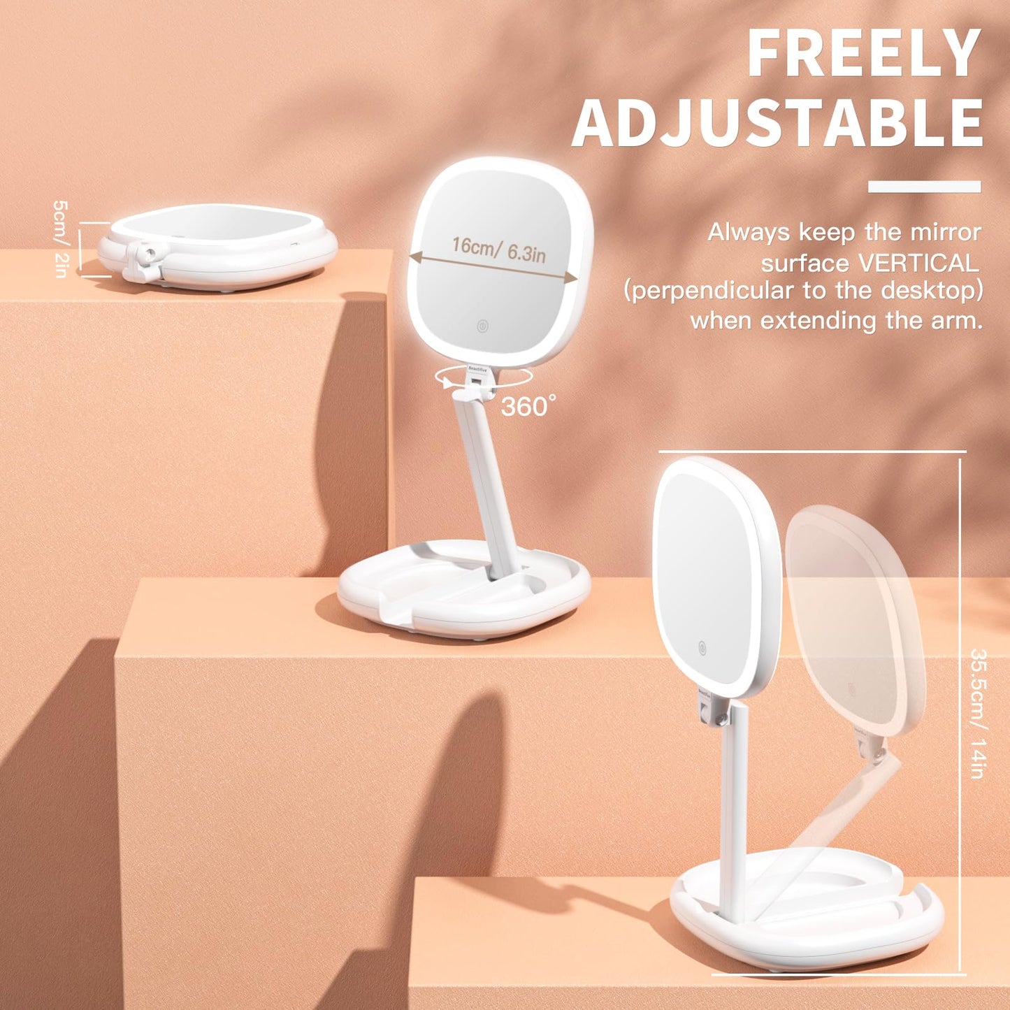 Beautifive 6.3" Makeup Mirror, 1X/8X Magnification, 3 Light Modes, Plug-in or Battery Operated Double-Sided Lighted Vanity Mirror, Adjustable Height Stand for Home, Women