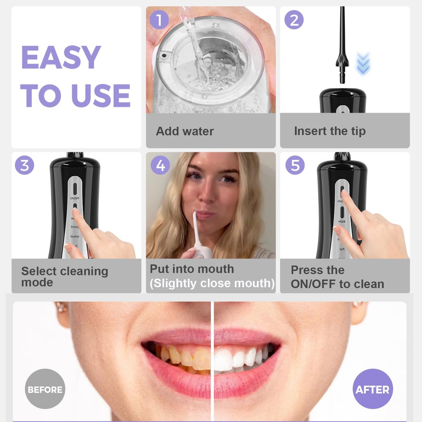 GOLDANT 2026 New 350ML Water Dental Flosser Teeth Pick with Bag, 5 Modes Portable Cordless Oral Irrigator Cleaner, Electric Rechargeable IPX7 Waterproof for Home Travel Teeth Cleaning Flossing (Black)