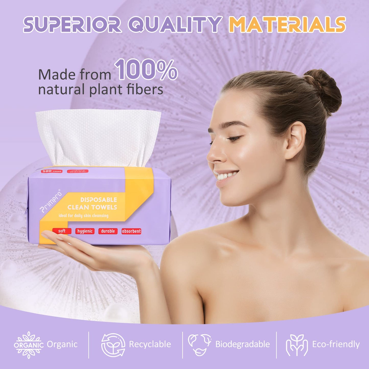 Primpro 300 Count Disposable Face Towels Ultra Soft Hand Washcloth Lint-Free Dry Wipes Biodegradable Facial Cleansing Towelettes (100 Count 3 Pack)
