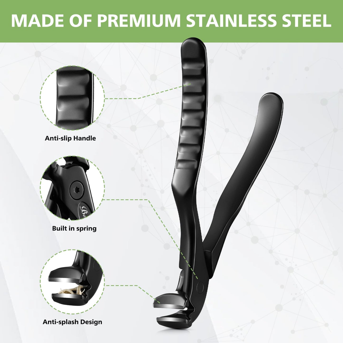 BALUCA Ergonomic Nail Clipper for Seniors - Straight Toenail Clipper for Thick Toenails and Fingernails, Long Handle Nail Clippers with Catcher, Precision Nail Trimmer for Men and Women - Black