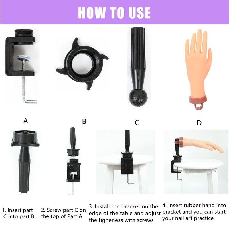 Practice Hand Kit for Acrylic Nails Fake Hand for Fake Nails Practice Hand and C- Clamp Holder Nail Mannequin Hand for Acrylic Kit Hand Practicing for Acrylic Nails (Dark Hand)