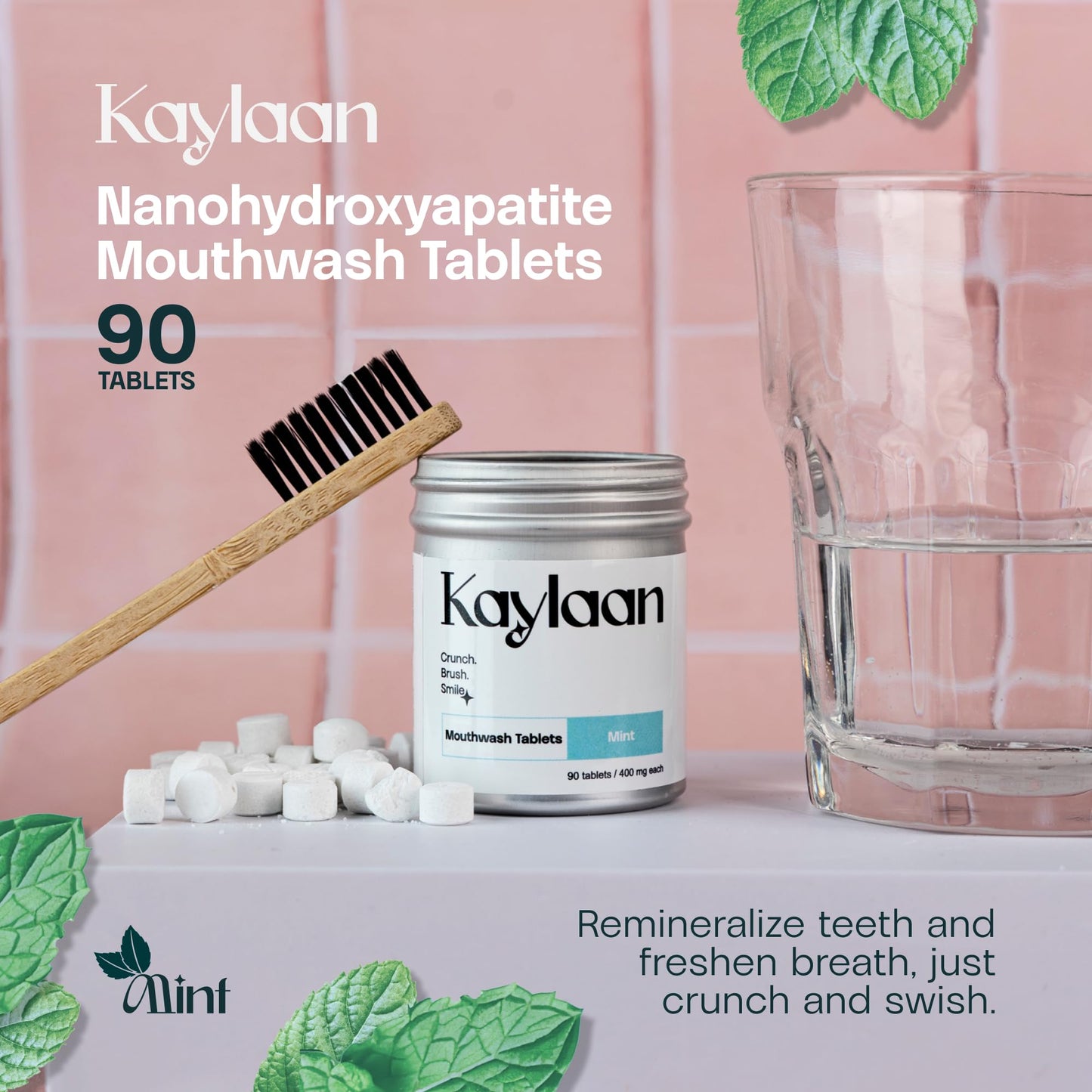 Kaylaan Travel Mouthwash Tablets - Mint Remineralizing Nano Hydroxyapatite, Alcohol Free, Mini Size Mouth Wash Tabs for Adults Gum & Enamel Health - 90 Count