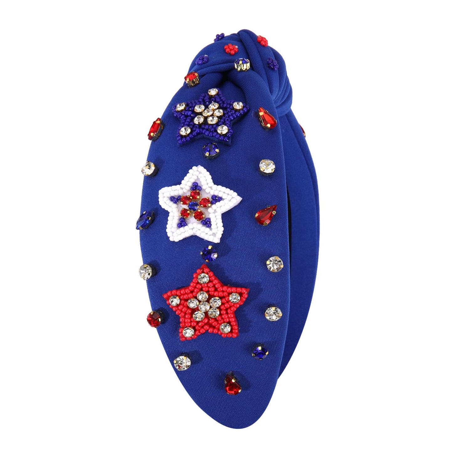 mokkia American Flag Rhinestone Knotted Headbands - Patriotic Accessories for Women, Red White and Blue Top Knot Party Favors (American Star 7)